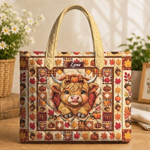 Può includere: Una borsa tote trapuntata con un'illustrazione centrale di una mucca Highland con una zucca sulla testa, circondata da un motivo di foglie autunnali, ghiande e zucche. Il nome Lena è stampato su una piccola etichetta rettangolare.