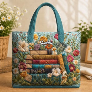 Könnte beinhalten: Eine gesteppte Tragetasche in Blaugrün mit einer Stickerei, die einen Bücherstapel umgeben von bunten Blumen zeigt. Der Name Sophia ist in weißer Schreibschrift über den Büchern eingestickt. Die Tasche hat zwei passende Henkel.