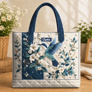 May include: A quilted tote bag featuring a blue hummingbird and white floral pattern on a cream background. The bag has dark blue quilted handles and a rectangular label with the name Tophia printed in white script on the front centre.