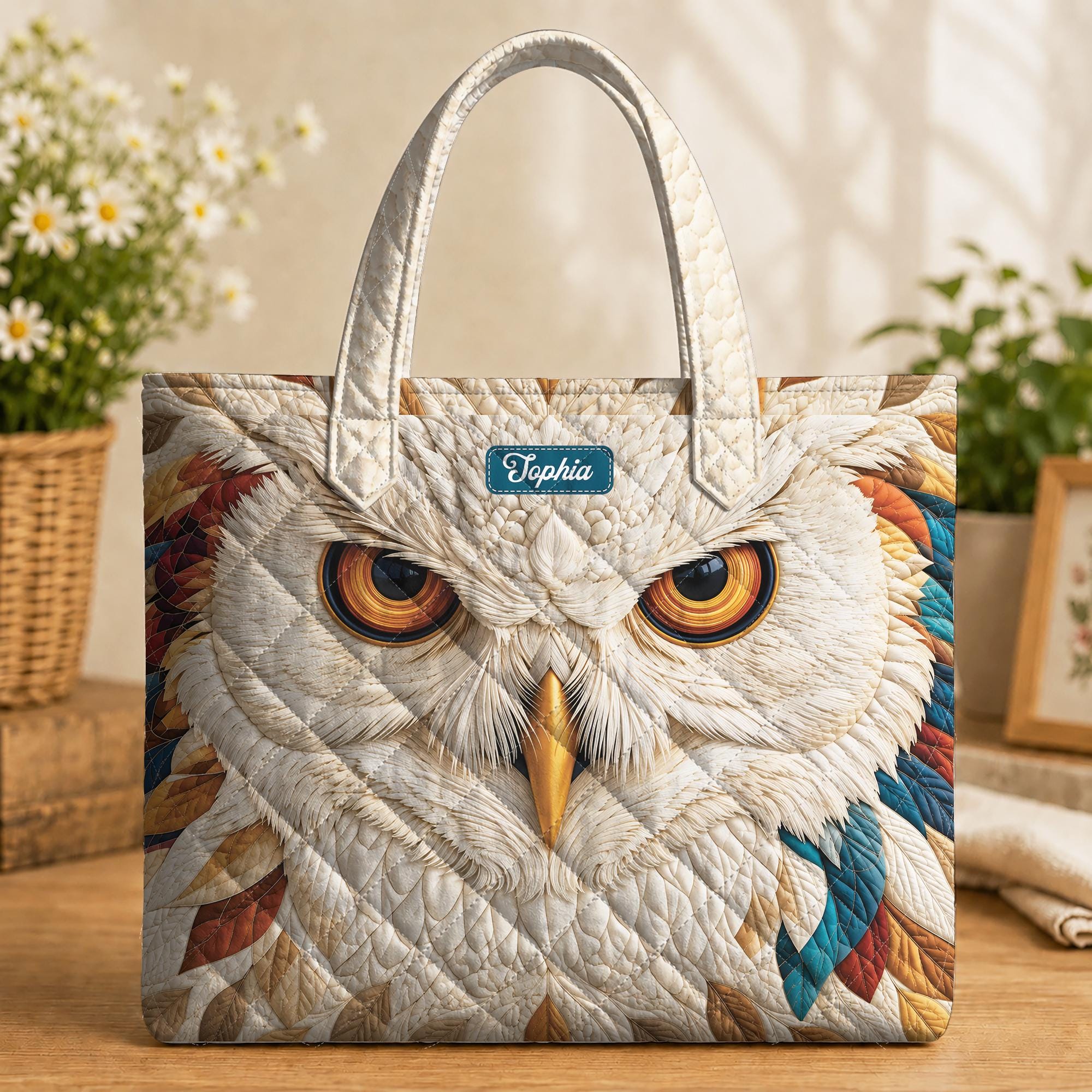 Personalized Owl Quilted Tote Bag, White Owl Nature Shoulder Bag, Custom Name Bird Lover Tote, Woodl