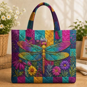 Puede incluir: Un bolso tote acolchado con un diseño de patchwork vibrante en tonos morado, turquesa y dorado. El centro muestra una gran libélula con alas iridiscentes sobre el nombre Dolly. La sección inferior incluye coloridos motivos florales.