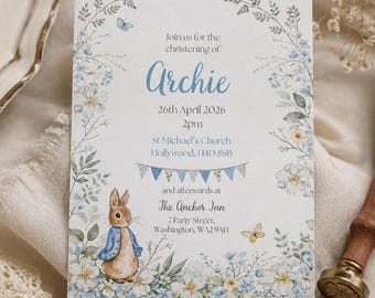 Peter Rabbit Style Christening Invitation Editable Baptism Template Blue Floral (Digital Download)