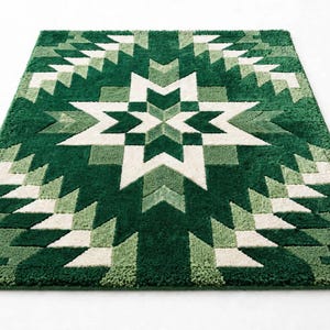Hand Tufted Wool Rug, Emerald Green Geometric Star Area Carpet, Boho Living Room Bedroom