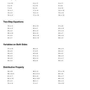 May include: A white paper labelled "Answer Key" providing solutions to various algebraic equations, including one-step, two-step, and distributive property problems. Answers are listed numerically next to each equation.