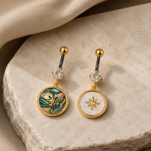 Piercing para ombligo con diseño de estrella y abulón, piercing para ombligo de nácar, piercing de oro para el ombligo, piercing colgante para el ombligo, joyería de acero quirúrgico de 14G.