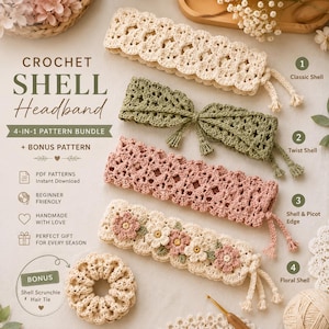 Puede incluir: Un conjunto de patrones de ganchillo para cuatro diademas en crema, verde salvia y rosa empolvado, junto con un coletero de regalo. El texto incluye Crochet Shell Headband 4-in-1 Pattern Bundle.