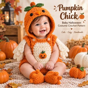 May include: A crochet baby costume featuring an orange pumpkin hood with green leaves, a cream-colored belly panel with a small pumpkin applique, white wing-like sleeves, and orange claw-style booties. Text reads Pumpkin Chick Baby Halloween Costume.