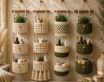 May include: Four vertical hanging wall organizers made of woven cord, each featuring three circular baskets suspended from a wooden rod. The baskets are cream or dark green, some with geometric patterns, tassels, and wooden beads on the cords.