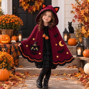 May include: A deep burgundy hooded crochet cape featuring black cat, bat, moon, and star appliques. The cape has a scalloped black and orange border, a hood with cat ears, and two small pumpkin charms hanging from the front tie closure.