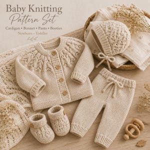 May include: A beige baby knitting pattern set including a cardigan with wooden buttons, a bonnet, trousers with a drawstring, and booties. The text reads Baby Knitting Pattern Set, Cardigan, Bonnet, Pants, Booties, Newborn, Toddler.