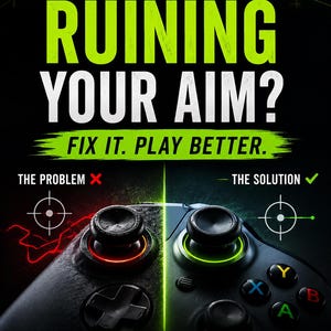 May include: A black video game controller split into two halves. The left side shows red lighting with the text THE PROBLEM, while the right side shows green lighting with the text THE SOLUTION. The text reads STICK DRIFT RUINING YOUR AIM? FIX IT. PLAY BETTER. ZERO DRIFT RESPONSE SYSTEM. SMOOTHER AIM. CONSISTENT GAMES. BETTER RESULTS.