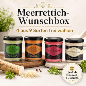 Könnte beinhalten: Vier Gläser Tormaricum Meerrettichcreme mit schwarzen Deckeln und grünen, orangen, rosafarbenen und weißen Etiketten. Der Text lautet Meerrettich-Wunschbox, 4 aus 9 Sorten frei wählen und Ideal als Feinkost-Geschenk. Inklusive frischer Meerrettichwurzel.