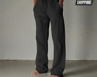 Men's Cotton Linen Beach Pants Casual Drawstring Elastic Waist Summer Trousers