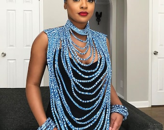 Cuerda llamativa Ndop Blue Bamileke con estampado africano de 24 hebras