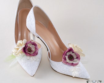 Chaussure clips fleurs bouquet, mariages, accessoires, violet et Ivoire/Champagne, Bridal clips, photo prop