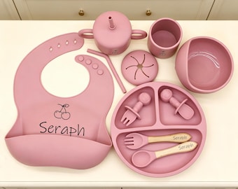 Conjunto de talheres de silicone macio para bebês, presente personalizado para alimentação infantil.