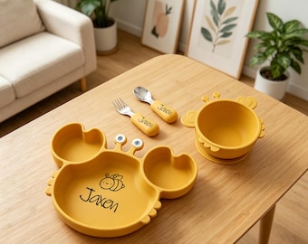 Kleinkind-Fütterungsset, personalisierte Krabben-Silikon-Ware & Edelstahlbesteck