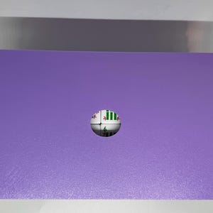 May include: A rectangular, purple object with rounded corners. A small, spherical object with green and white markings is embedded in the centre. The object appears to be a game piece or part of a larger set.