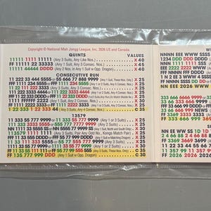 May include: A tri-fold Mah Jongg League score card encased in a clear plastic sleeve. The white card features three columns of text printed in black, red, green, and blue ink, detailing various game combinations, point values, and rules for play.