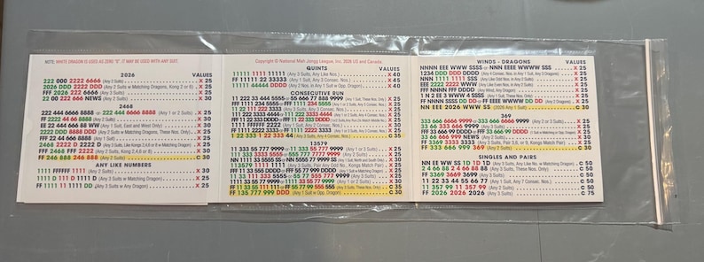 May include: A tri-fold Mah Jongg League score card encased in a clear plastic sleeve. The white card features three columns of text printed in black, red, green, and blue ink, detailing various game combinations, point values, and rules for play.