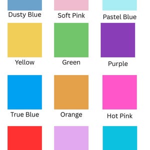 May include: A colour palette showing twelve squares, each displaying a different solid colour. The colours include dusty blue, soft pink, pastel blue, yellow, green, purple, true blue, orange, hot pink, red, lavender, and teal. Each square has a colour name below it.