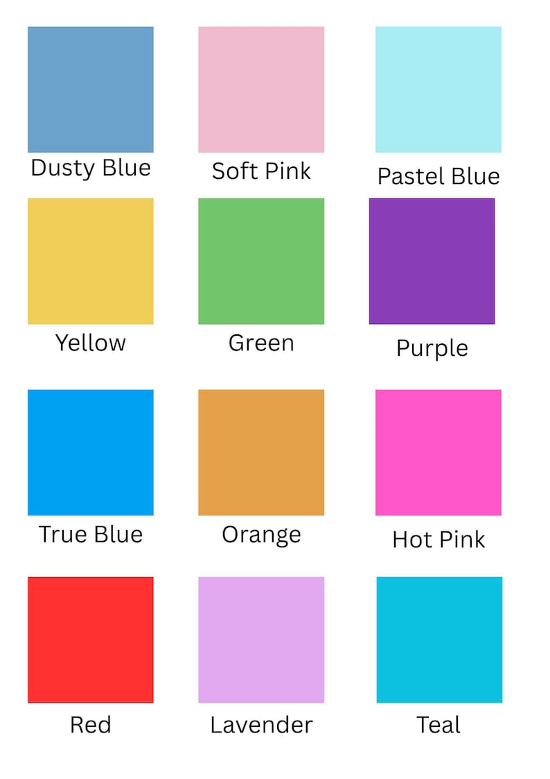 May include: A colour palette showing twelve squares, each displaying a different solid colour. The colours include dusty blue, soft pink, pastel blue, yellow, green, purple, true blue, orange, hot pink, red, lavender, and teal. Each square has a colour name below it.