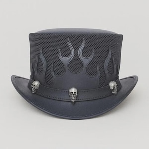 Handmade Gothic Steampunk Top Hat – Black Leather Flame Skull Hat