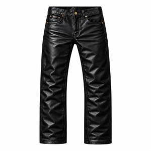 Peut inclure: Pantalon noir avec une finition lisse et réfléchissante et une coupe droite. Ce pantalon présente un design classique à cinq poches, une fermeture à boutons et des rivets métalliques aux coins des poches, offrant un aspect sombre et poli.