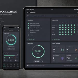 May include: A smartphone and a tablet displaying a dark-themed productivity application interface. The screens show a dashboard with a focus timer, task lists, habit trackers, and progress statistics with text reading FOCUS. PLAN. ACHIEVE.