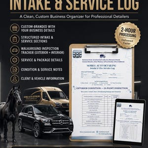 May include: A digital template for a mobile auto detailing intake and service log, displayed on a clipboard and tablet. The document includes sections for client information, vehicle details, and a 15-point exterior condition inspection checklist.
