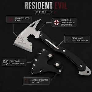 Puede incluir: Un hacha t&aacute;ctica Resident Evil Requiem con hoja de acero inoxidable grabada con Umbrella Corporation, mango ergon&oacute;mico de micarta negra y construcci&oacute;n de espiga completa. Incluye una funda de cuero negro con broches met&aacute;licos.