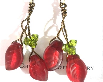 Red and Green Leaf Earrings