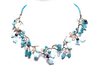 Boho Wedding Jewelry for Brides Blue, Leaf Vine Necklace Choker Set, Something Blue from Mom, Beaded Leaf Necklace, Fairytale Jewelry