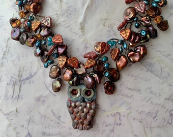 Unique Raku bib necklace for a rustic woodland affair Captivating whimsical and intriguing nature inspired owl statement necklace