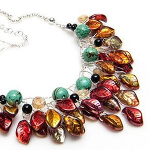 Colorful Floral Statement Necklace, Beaded Leaf Necklace, Southwestern Jewelry for women, Autumn Leaves Fall Wedding Jewelry for Bride