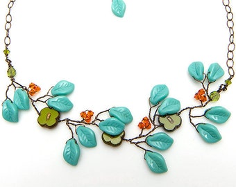 Flower Vine Necklace, Garden Wedding Jewelry, Something Blue for Bride from Mom, Forest Fairy Necklace, Southwestern Jewelry, Plant Mom Gift