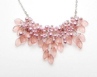 Pink Vintage Style Wedding Necklace for Brides, Dainty Wedding Jewelry, Floral Bib Statement Necklace, Nature Jewelry