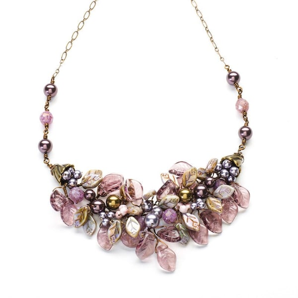 Burgundy Statement Necklace, Leaf Wedding Jewelry for Bride, Bib Necklace for Women, Boho Bridal Jewelry, Woodland Fairy Jewelry, Mother of