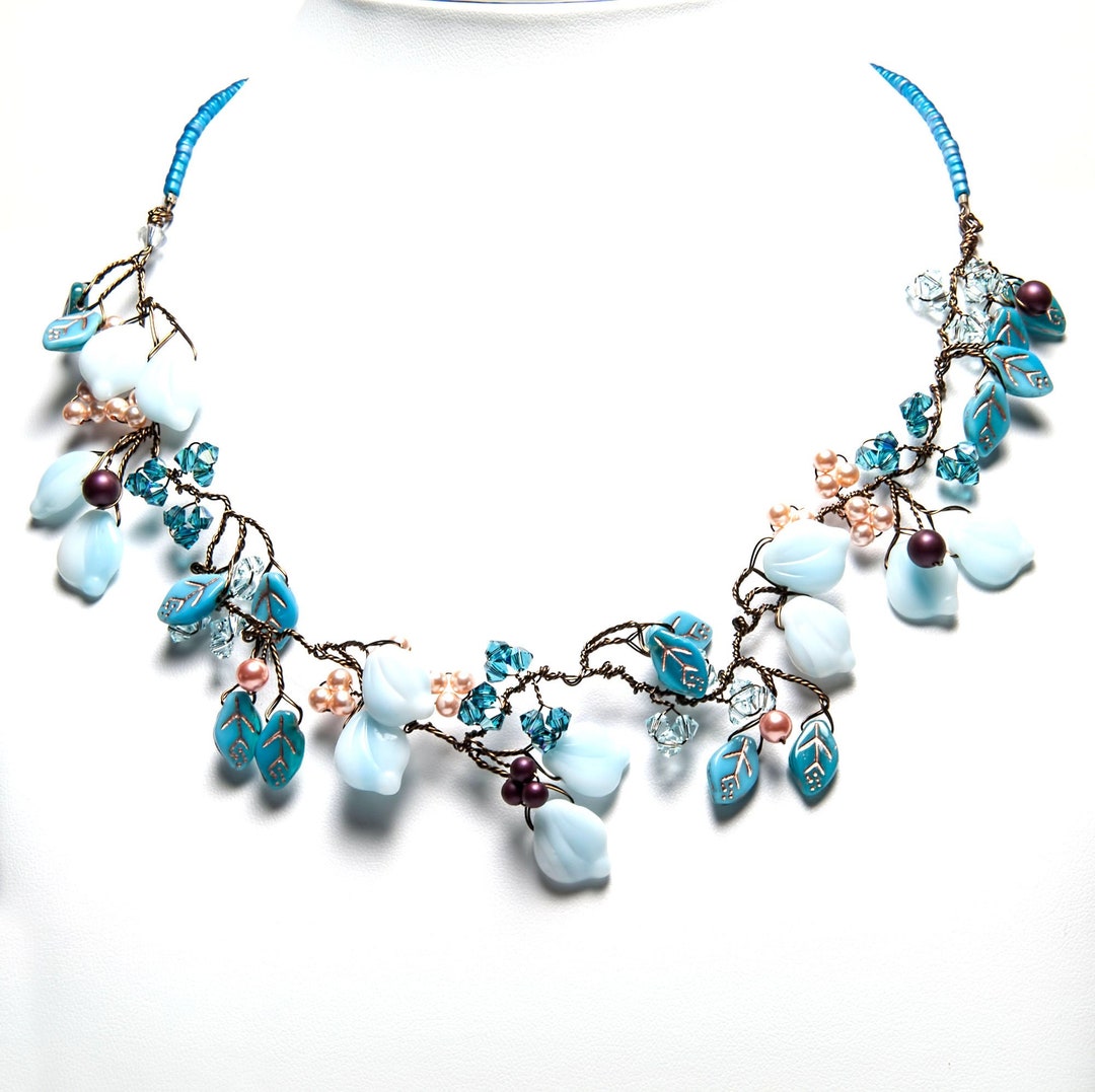 Boho Wedding Jewelry for Brides Blue Leaf Vine Necklace Etsy