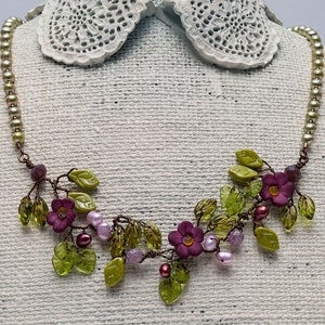 Purple Flower Bridal Necklace, Beaded Leaf Necklace, Boho Wedding Jewelry for Bride, Vine Necklace Choker, Elven Jewelry for women image 6