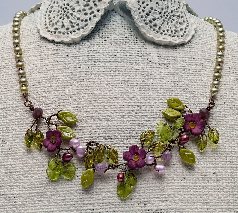 Purple Flower Bridal Necklace, Beaded Leaf Necklace, Boho Wedding Jewelry for Bride, Vine Necklace Choker, Elven Jewelry for women image 6