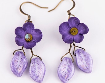 Purple Flower Earrings, Enchanted Forest Earrings, Whimsigoth Jewelry, Fairy Wedding Earrings Dangle, Stocking Stuffers for Women, Plant Mom