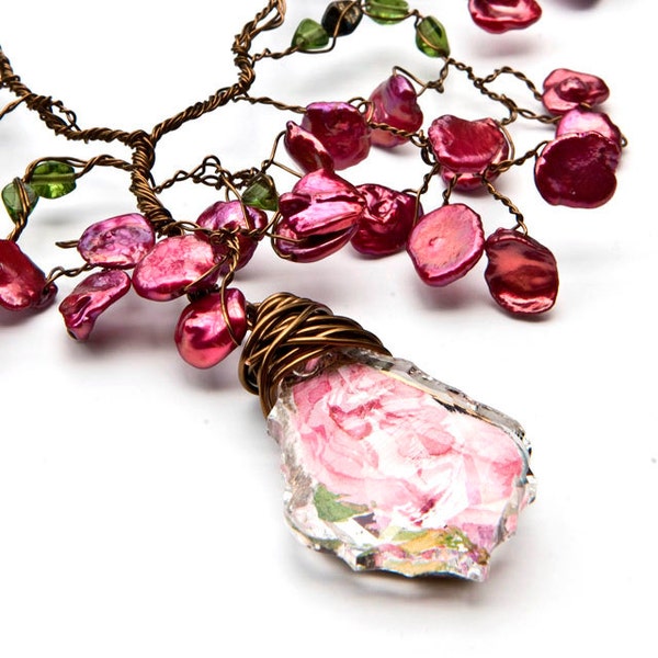 Pink Statement Necklace,  Pink Bib Necklace, Pink Whimsical Necklace, Pink Bridal Jewelry, Pink Faerie Necklace, Cyber Monday