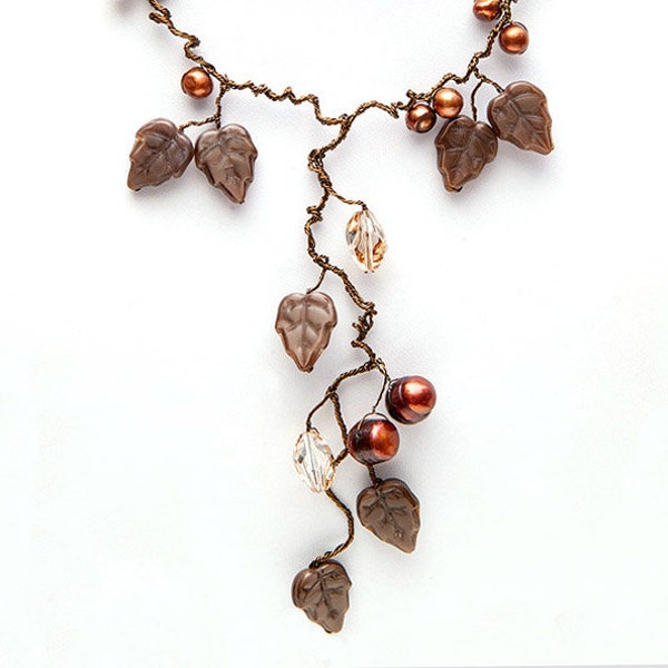 Nature Inspired Long Brown Statement Necklace, Bib Necklace