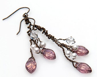 Purple Dangle Earrings, Leaf Earrings, Art Nouveau Jewelry, Faerie Earrings, Twig Earrings