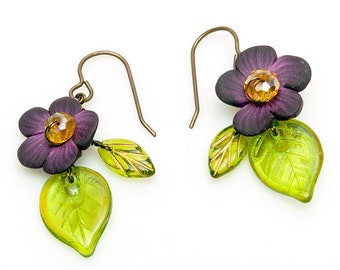 Purple Flower Earrings, Boho Dangle Earrings, Fairycore Jewelry, Whimsigoth Earrings, Secret Santa Gift at Work