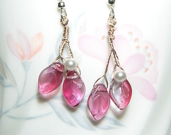 Pink Dangle Leaf Earrings, Pink Beaded Earrings with Swarovski Pearl, Nature Jewelry