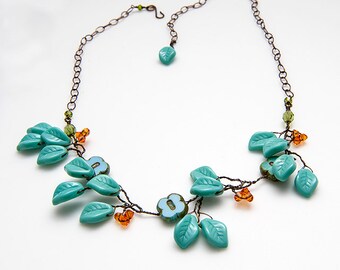 Orange Turquoise Flower Necklace, Woodland Jewelry, Leaf Necklace, Beaded Necklace, Faerie Jewelry, Leaf Jewelry