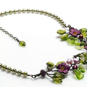 Purple Flower Bridal Necklace, Beaded Leaf Necklace, Boho Wedding Jewelry for Bride, Vine Necklace Choker, Elven Jewelry for women image 5