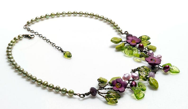 Purple Flower Bridal Necklace, Beaded Leaf Necklace, Boho Wedding Jewelry for Bride, Vine Necklace Choker, Elven Jewelry for women image 5